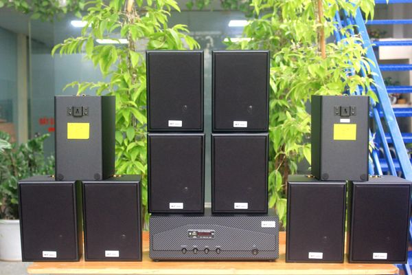 Dàn loa treo tường thông báo, phát nhạc nền tự động: Amply A918 Goldsound 2 vùng âm lượng 1200w + 10 loa Goldsound V55C 55w, loa được thiết kế riêng cho quán, bật lớn không tạp âm, miễn phí công lắp đặt, bảo hành dài hạn 5 năm