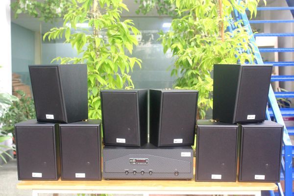 Dàn loa treo tường thông báo, phát nhạc nền tự động: Amply A918 Goldsound 2 vùng âm lượng 1200w + 8 loa Goldsound V55C 55w, loa được thiết kế riêng cho quán, bật lớn không tạp âm, miễn phí công lắp đặt, bảo hành dài hạn 5 năm