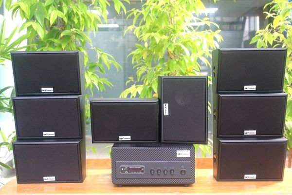 Dàn loa treo tường thông báo phát nhạc nền tự động: A501 Goldsound 500w + 8 loa Goldsound ngoài trời V50NT 50w, loa được thiết kế riêng cho quán, bật lớn không tạp âm, miễn phí công lắp đặt, bảo hành 12 tháng