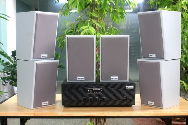 [Diện tích 120m2 + 02 Kênh] Amply A918 hai vùng âm lượng 1200W + 6 loa vệ tinh Goldsound V58C 58w treo tường, loa được thiết kế riêng cho quán, bật lớn không tạp âm, miễn phí công lắp đặt, bảo hành dài hạn 5 năm.