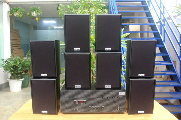 Dàn loa treo tường thông báo, phát nhạc nền tự động: Amply A384-4K Goldsound 4 vùng âm lượng 800w + 8 loa Goldsound V55C 55w Amply 4 - 6 vùng âm lượng, loa được thiết kế riêng cho quán, bật lớn không tạp âm