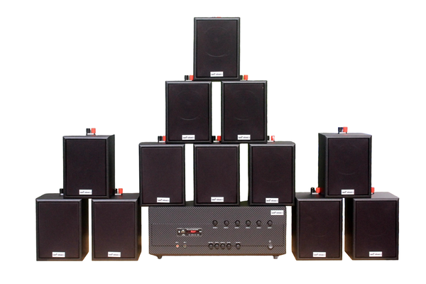 Dàn loa treo tường: Amply A384-6K Goldsound 6 vùng âm lượng 1200w + 12 loa Goldsound V24C 24w, Amply 4 - 6 vùng âm lượng, loa được thiết kế riêng cho quán, bật lớn không tạp âm, miễn phí công lắp đặt, bảo hành dài hạn 5 năm.