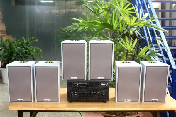 Loa treo tường, phát nhạc nền thông báo: Amply A384 Goldsound 2 vùng âm lượng 380w + 6 loa Goldsound V58C 58w, loa được thiết kế riêng cho quán, bật lớn không tạp âm, miễn phí công lắp đặt, bảo hành dài hạn 5 năm.