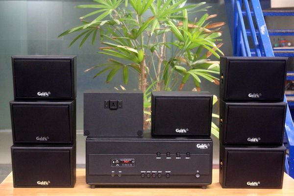 [Diện tích 160m2 + 4 Kênh] Amply Goldsound A384PU_SG-4K 4 vùng âm lượng 800w + 8 loa ngoài trời V40NT_SG-PU 40w, loa được thiết kế riêng cho quán, bật lớn không tạp âm, miễn phí công lắp đặt, bảo hành 12 tháng