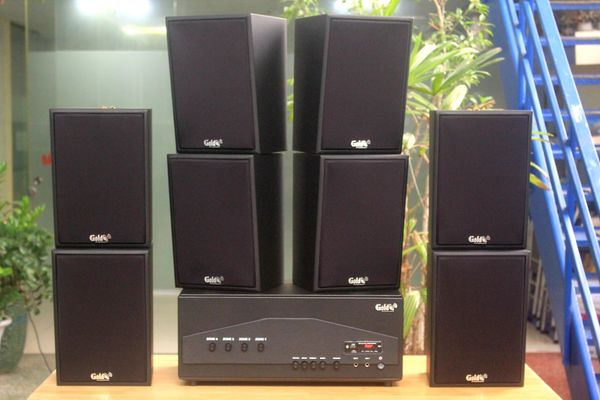 Dàn loa treo tường thông báo phát nhạc nền tự động: Amply A917PU-4K Goldsound 4 vùng âm lượng 1500w + 8 loa Goldsound V70C-PU, loa được thiết kế riêng cho quán, bật lớn không tạp âm