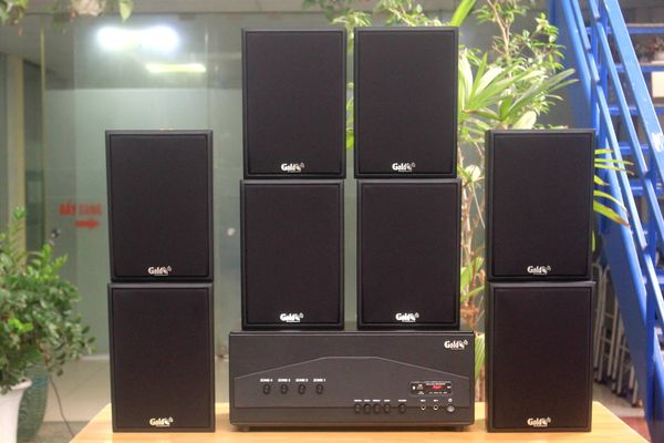 Dàn loa treo tường thông báo phát nhạc nền tự động: Amply A917PU-4K Goldsound 4 vùng âm lượng 1500w + 8 loa Goldsound V70C-PU, loa được thiết kế riêng cho quán, bật lớn không tạp âm