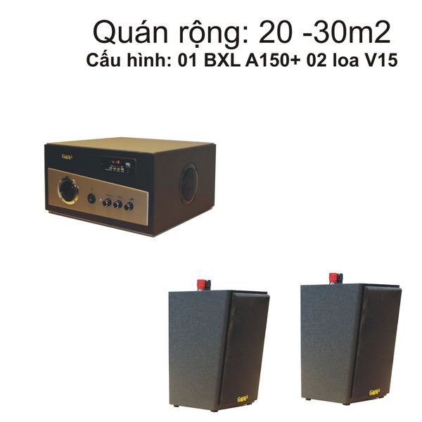 Loa nhà hàng: Gold4cafe (từ 20-30m2): 02 Loa vệ tinh V15C - 15w + 1 Âm ly A150 150w