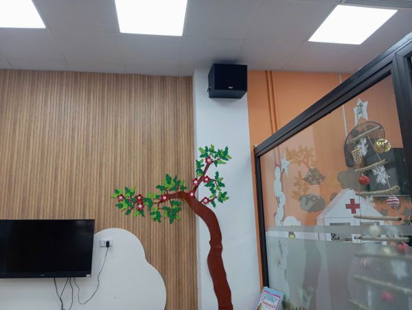 Loa Goldsound cho trường mầm non Ngôi Sao, Hà Nội, Âm ly có thể điều chỉnh được âm lượng của âm thanh phát ra cho từng khu vực trong lớp, âm thanh luôn rõ ràng, chuyên cho giảng dạy.