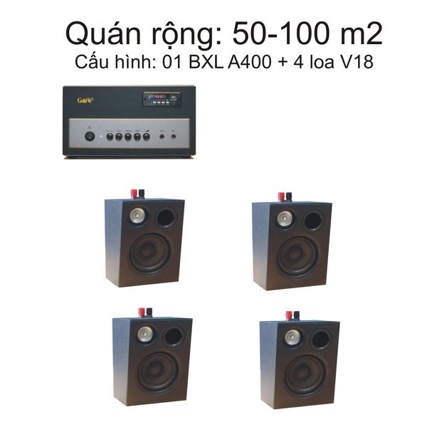 Loa treo tường thông báo phát nhạc nền tự động (01 amply A400 + 04 loa treo tường V18), loa được thiết kế riêng cho quán, bật lớn không tạp âm, bảo hành dài hạn 5 năm.