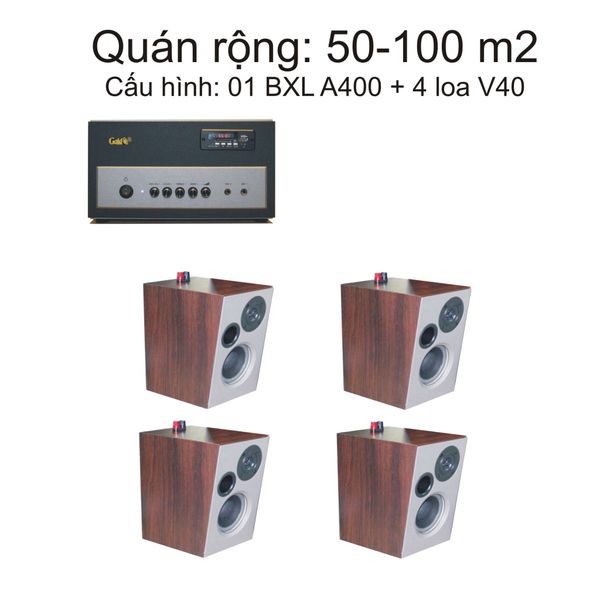 Loa nhà hàng: Gold4Cafe (Từ 50 - 100m2) cho Quán Cafe, Nhà hàng, Quán ăn, Spa, Khu tập Gym ( 1amply A400 + 04 loa vt V40)