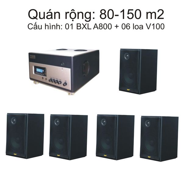 Dàn loa treo tường thông báo phát nhạc nền tự động (01 amply A800 + 06 loa treo tường V100), loa được thiết kế riêng cho quán, bật lớn không tạp âm, bảo hành dài hạn 5 năm.