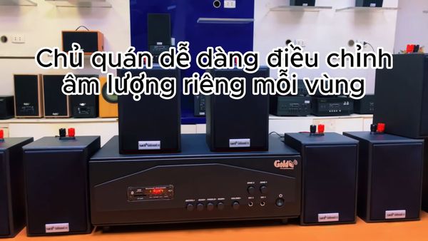 Gold4cafe 10.0 bản màu đen (01 amply + 10 loa), Amply 1200w - 2 vùng âm lượng, loa được thiết kế riêng cho quán, bật lớn không tạp âm, bảo hành dài hạn 5 năm.