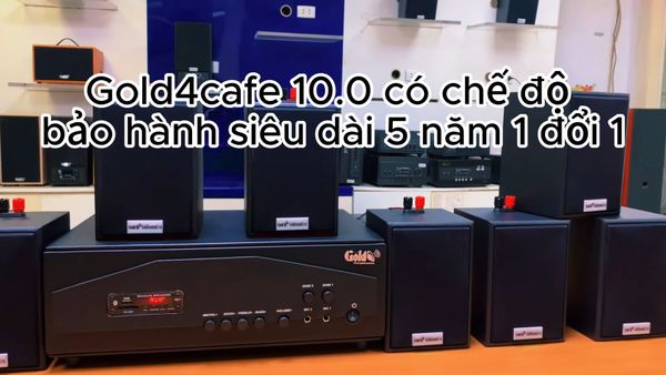 Gold4cafe 10.0 bản màu đen (01 amply + 10 loa), Amply 1200w - 2 vùng âm lượng, loa được thiết kế riêng cho quán, bật lớn không tạp âm, bảo hành dài hạn 5 năm.