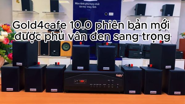 Gold4cafe 10.0 bản màu đen (01 amply + 10 loa), Amply 1200w - 2 vùng âm lượng, loa được thiết kế riêng cho quán, bật lớn không tạp âm, bảo hành dài hạn 5 năm.