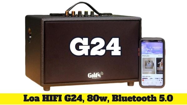 Loa Goldsound G24, công suất 80w, Bass 4 inch, Tress 3 inch, 2 cổng micro, Bluetooth 5.0, thiết kế loa thùng gỗ cao 20 cm, rộng 20 cm, sâu 32 cm