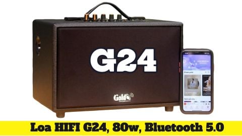 Loa Goldsound G24, công suất 80w, Bass 4 inch, Tress 3 inch, 2 cổng micro, Bluetooth 5.0, thiết kế loa thùng gỗ cao 20 cm, rộng 20 cm, sâu 32 cm