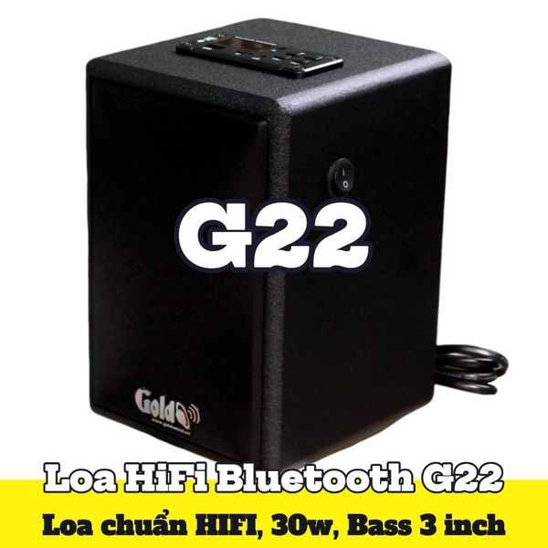 Loa để bàn HiFi Mini Goldsound G22, công suất 30w, Bass 3 inch, Tress 2 inch, bluetooth 5.0, cổng rca, khe usb, thiết kế loa thùng gỗ cao 22 cm, rộng 15 cm, sâu 15.5 cm. Bảo hành 12 tháng
