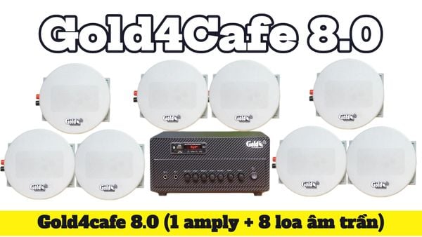 [Diện tích 100m2 + 2 Kênh] Gold4cafe 8.0 (01 Amply + 8 loa âm trần V12), loa được thiết kế riêng cho quán, bật lớn không tạp âm, bảo hành dài hạn 5 năm.