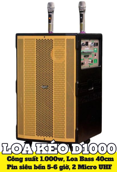 Loa kéo D1000 Goldsound (Bass 40cm, 1000w, kèm 2 Micro, pin 5-6H)