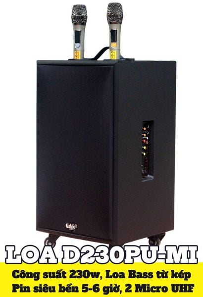 Loa di động D230PU - MI, công suất 230w, pin 4 - 6 tiếng, kèm 2 Micro, 1 bass, 1 treble, bluetooth 5.0, cổng rca, khe usb, thiết kế loa thùng gỗ, cao 57.25 cm, rộng 35.5 cm, sâu 36 cm. Bảo hành 12 tháng