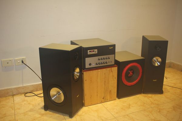 Loa cafe, Loa nhà hàng: Dàn Loa + Amply Goldsound Bluetooth: Amply A500 + 2 Loa Cây V200 + Trầm T130