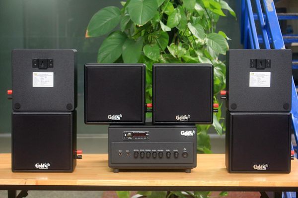 [Diện tích 120m2 + 02 Kênh] Amply A384PU_TH-2K Goldsound 2 vùng âm lượng 380w + 6 loa Goldsound V23_TH-23w, loa được thiết kế riêng cho quán, bật lớn không tạp âm, miễn phí công lắp đặt, bảo hành dài hạn 5 năm.
