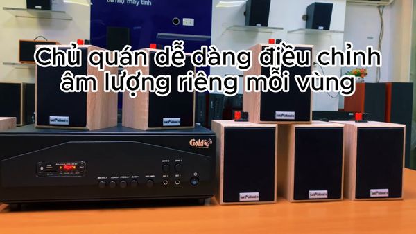 Gold4cafe 10.0 màu vân gỗ(amply + 10 loa), Amply 1200w - 2 vùng âm lượng, loa được thiết kế riêng cho quán, bật lớn không tạp âm, bảo hành dài hạn 5 năm.