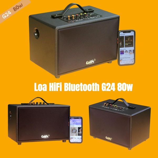 Loa Goldsound G24, công suất 80w, Bass 4 inch, Tress 3 inch, 2 cổng micro, Bluetooth 5.0, thiết kế loa thùng gỗ cao 20 cm, rộng 20 cm, sâu 32 cm