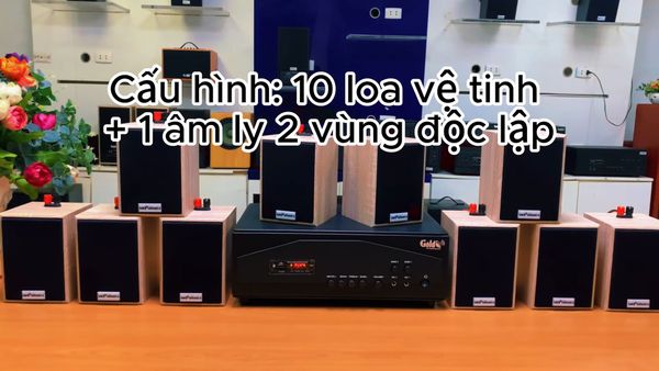 Gold4cafe 10.0 màu vân gỗ(amply + 10 loa), Amply 1200w - 2 vùng âm lượng, loa được thiết kế riêng cho quán, bật lớn không tạp âm, bảo hành dài hạn 5 năm.