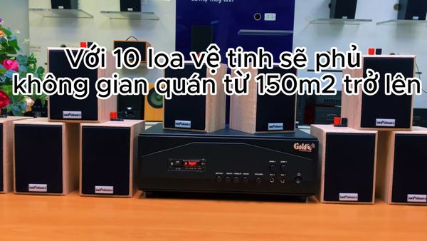 Gold4cafe 10.0 màu vân gỗ(amply + 10 loa), Amply 1200w - 2 vùng âm lượng, loa được thiết kế riêng cho quán, bật lớn không tạp âm, bảo hành dài hạn 5 năm.