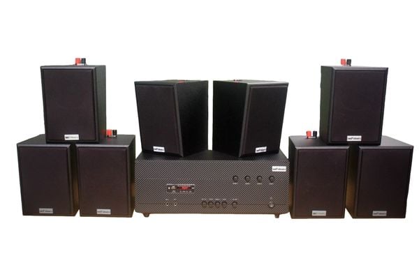 [Diện tích 160m2 + 4 Kênh] A384_DA-4K Goldsound 4 vùng âm lượng 800w + 8 loa Goldsound V25C_DA 25W, Amply 4 - 6 vùng âm lượng, loa được thiết kế riêng cho quán, bật lớn không tạp âm, miễn phí công lắp đặt, bảo hành dài hạn 5 năm.
