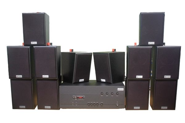 [Diện tích 240m2 + 4 Kênh] A384_SG-4K Goldsound 4 vùng âm lượng 800w + 12 loa Goldsound V25C_SG 25W, Amply 4 - 6 vùng âm lượng, loa được thiết kế riêng cho quán, bật lớn không tạp âm, miễn phí công lắp đặt, bảo hành dài hạn 5 năm.