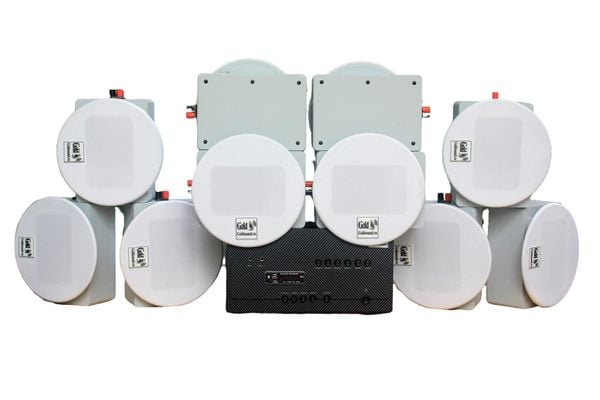 Dàn loa âm trần thông báo, phát nhạc nền: Âm ly A1800 + 10 VAT38, Amply 2 vùng âm lượng, loa được thiết kế riêng cho quán, bật lớn không tạp âm, bảo hành dài hạn 5 năm.