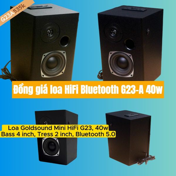 Loa Goldsound G23-A, công suất 40w, Bass 4 inch, Tress 2 inch, bluetooth 5.0, cổng rca, khe usb, thiết kế loa thùng gỗ cao 28 cm, rộng 18 cm, sâu 22.5 cm. Bảo hành 12 tháng