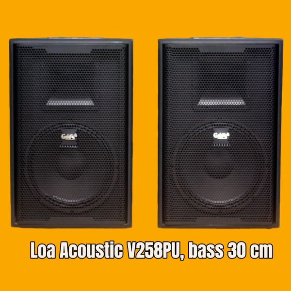 Loa Acoustic V258PU Goldsound (Số lượng 1 loa): loa bass 30 cm, treble kèn, kích thước rộng 39 cm, cao 60.5 cm, sâu 39 cm, phủ da PVC cao cấp, bảo hành dài hạn 5 năm.