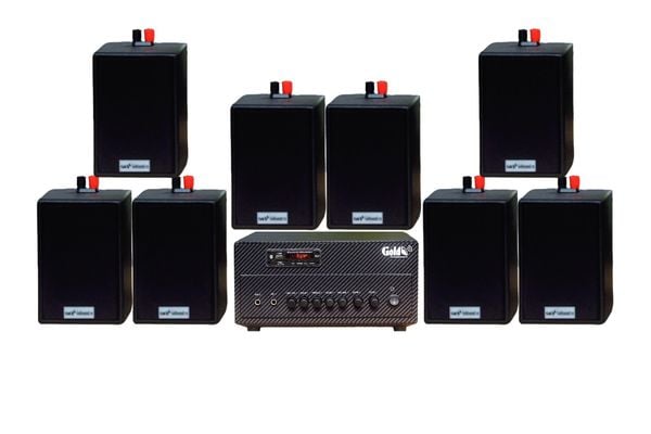 [Diện tích 120m2 + 2 Kênh] Loa thông báo, loa phát nhạc nền tự động Gold4cafe 8.0 (01 amply + 08 loa treo tường), Amply 2 vùng âm lượng, loa được thiết kế riêng cho quán, bật lớn không tạp âm, bảo hành dài hạn 5 năm.