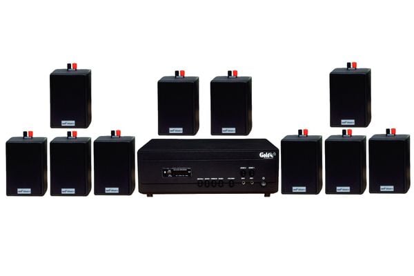Gold4cafe 10.0 bản màu đen (01 amply + 10 loa), Amply 1200w - 2 vùng âm lượng, loa được thiết kế riêng cho quán, bật lớn không tạp âm, bảo hành dài hạn 5 năm.
