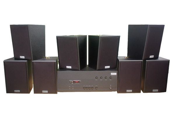 Dàn loa treo tường thông báo, phát nhạc nền tự động: Amply A384-4K Goldsound 4 vùng âm lượng 800w + 8 loa Goldsound V55C 55w Amply 4 - 6 vùng âm lượng, loa được thiết kế riêng cho quán, bật lớn không tạp âm