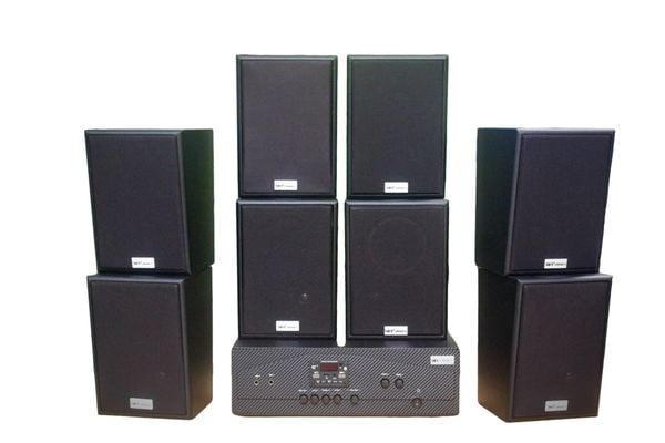 Dàn loa treo tường thông báo, phát nhạc nền tự động: Amply A917 Goldsound 2 vùng âm lượng 1200w + 8 loa Goldsound V55C 55w, loa được thiết kế riêng cho quán, bật lớn không tạp âm, miễn phí công lắp đặt, bảo hành dài hạn 5 năm