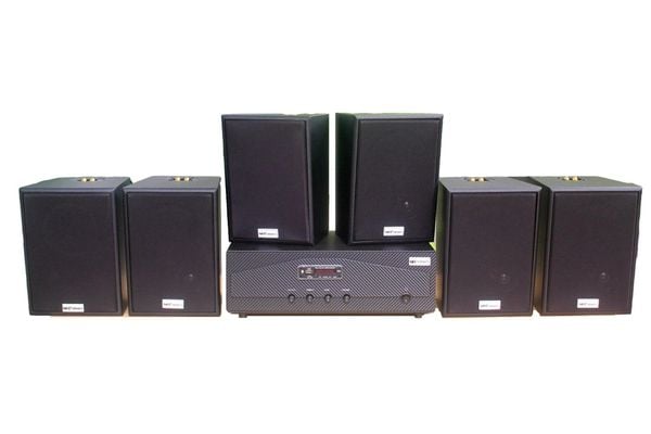 Dàn loa treo tường thông báo, phát nhạc nền tự động: Amply A918 Goldsound 2 vùng âm lượng 1200w + 6 loa Goldsound V55C 55w, loa được thiết kế riêng cho quán, bật lớn không tạp âm, miễn phí công lắp đặt, bảo hành dài hạn 5 năm