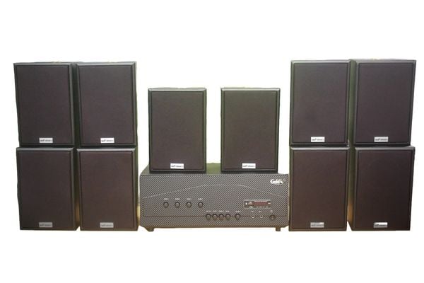[Diện tích 240m2 + 4 Kênh] Amply Goldsound A917-4K 4 vùng 1500w + 10 Loa treo tường Goldsound V55C 55w, loa được thiết kế riêng cho quán, bật lớn không tạp âm, miễn phí công lắp đặt, bảo hành dài hạn 5 năm.
