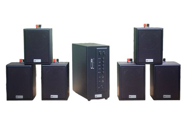 Dàn loa treo tường: Amply AMT384 Goldsound 2 vùng âm lượng 380w + 6 loa Goldsound V24C 24w, loa được thiết kế riêng cho quán, bật lớn không tạp âm, miễn phí công lắp đặt, bảo hành dài hạn 5 năm.