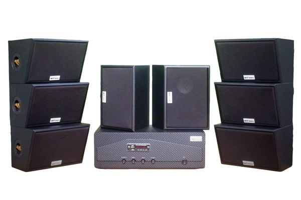 Dàn loa treo tường thông báo phát nhạc nền tự động: Amply Goldsound A918 hai vùng âm lượng 1200w + 8 loa Goldsound chống nước ngoài trời V50NT 50w, loa được thiết kế riêng cho quán, bật lớn không tạp âm, miễn phí công lắp đặt, bảo hành dài hạn 5 năm.