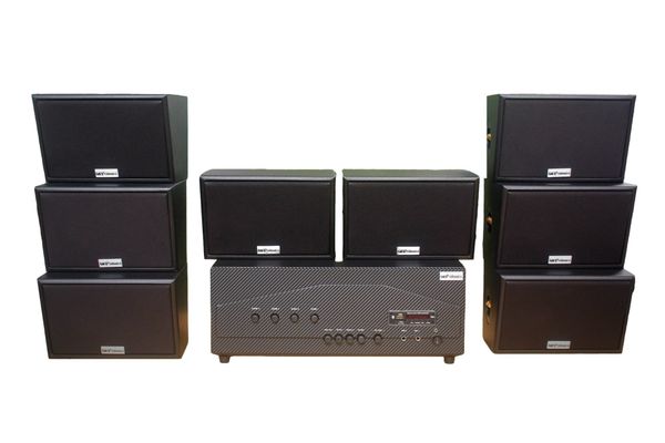 Dàn loa thông báo phát nhạc nền tự động: A917-4K Goldsound 4 vùng âm lượng 1500w + 8 loa Goldsound ngoài trời V50NT 50w, Amply 4 - 6 vùng âm lượng, loa được thiết kế riêng cho quán, bật lớn không tạp âm, miễn phí công lắp đặt, bảo hành 12 tháng