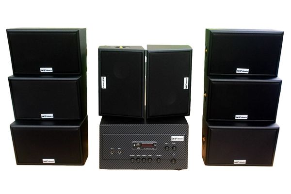 Dàn loa treo tường thông báo phát nhạc nền tự động: A907 Goldsound 2 vùng âm lượng 900w + 8 loa Goldsound ngoài trời V50NT 50w, loa được thiết kế riêng cho quán, bật lớn không tạp âm, miễn phí công lắp đặt, bảo hành 12 tháng
