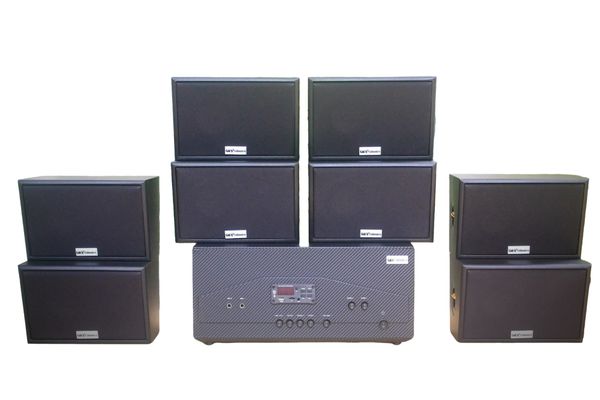 Dàn loa treo tường thông báo phát nhạc nền tự động: A917N Goldsound 2 vùng âm lượng 1200w + 8 loa Goldsound ngoài trời V50NT 50w, loa được thiết kế riêng cho quán, bật lớn không tạp âm, miễn phí công lắp đặt, bảo hành 12 tháng
