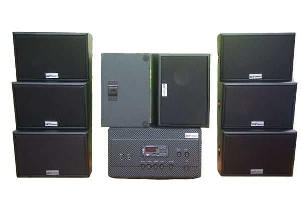 Dàn loa treo tường thông báo phát nhạc nền tự động: A917 Goldsound 2 vùng âm lượng 1200w + 8 loa Goldsound ngoài trời V50NT 50w, loa được thiết kế riêng cho quán, bật lớn không tạp âm, miễn phí công lắp đặt, bảo hành 12 tháng
