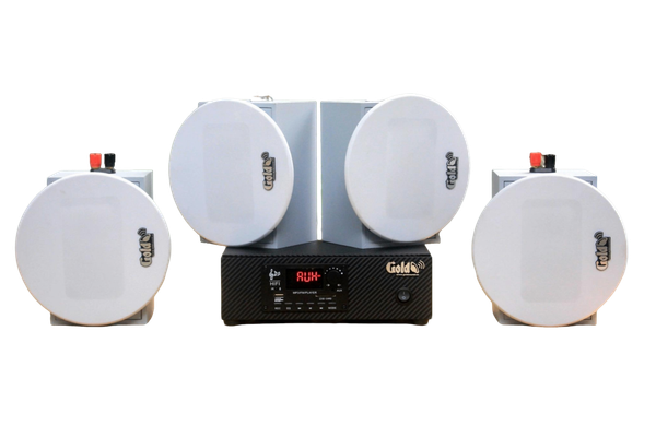 [Diện tích 60m2 + 1 Kênh] Loa thông báo, loa phát nhạc nền tự động Gold4Cafe 4.0: Amply A2.0 SG + 4 loa âm trần VAT12 SG, loa được thiết kế riêng cho quán, bật lớn không tạp âm, bảo hành dài hạn 5 năm.