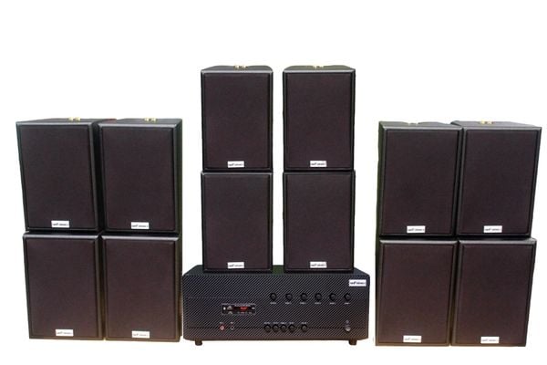 [Diện tích 240m2 + 06 Kênh] A384-6K Goldsound 6 vùng âm lượng 1200w + 12 loa Goldsound V55C 55w, Amply 4 - 6 vùng âm lượng, loa được thiết kế riêng cho quán, bật lớn không tạp âm, miễn phí công lắp đặt, bảo hành dài hạn 5 năm.