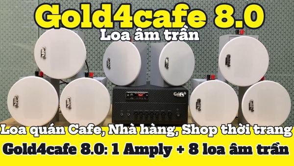 [Diện tích 120m2 + 2 Kênh] Gold4cafe_DA 8.0 (01 Amply + 8 loa âm trần), loa được thiết kế riêng cho quán, bật lớn không tạp âm, bảo hành dài hạn 5 năm.